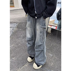 褶皱牛仔裤男春秋季美式复古做旧水洗宽松阔腿长裤N808-P47，男装牛仔裤，星座208-5