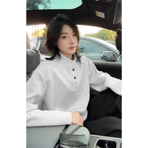 美式潮流百搭亨利领卫衣男秋冬季潮牌拼接宽松廓形休闲内搭打底衫图片