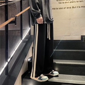 抽绳慵懒阔腿裤男秋款垂感休闲卫裤ins潮牌条纹运动长裤ZK45-p35图片