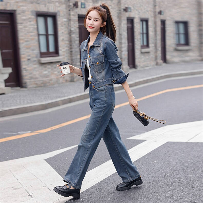 欧洲站牛仔套装女2024春秋新款爆款网红炸街休闲时尚阔腿裤两件套,女装套装/套裙,纯色衣恋