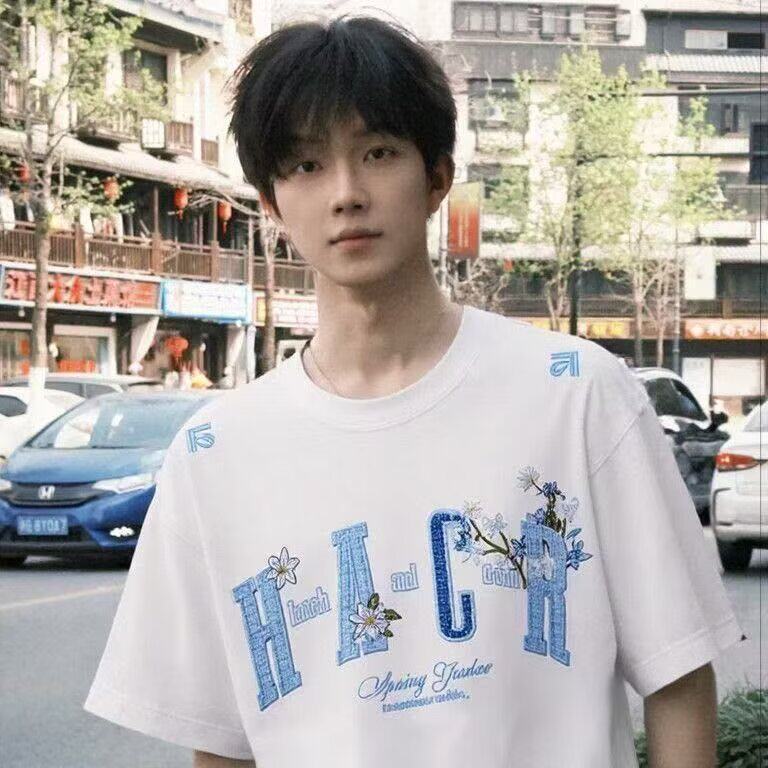 美式复古花卉刺绣字母短袖t恤男女2025新款宽松设计感半袖上衣，男装T恤，星座506A