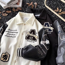 美式复古棒球服外套男春季新款翻领刺绣青少年领夹克宽松拼接上衣，男装夹克，星座410-7