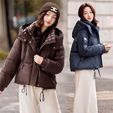 现货冬装新款简约时尚保暖休闲拼接连帽PU加厚棉服棉衣外套，女装棉衣/棉服，韩美纤衣