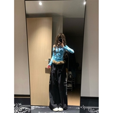 银莲YINLIAN美式复古烫钻十字架毛领可拆卸阔腿宽松裤百搭男女，男装休闲裤，星座506A