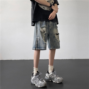 美式高街破洞牛仔裤男拉链开衩个性帅2025夏季ins五分裤RK589-P40图片