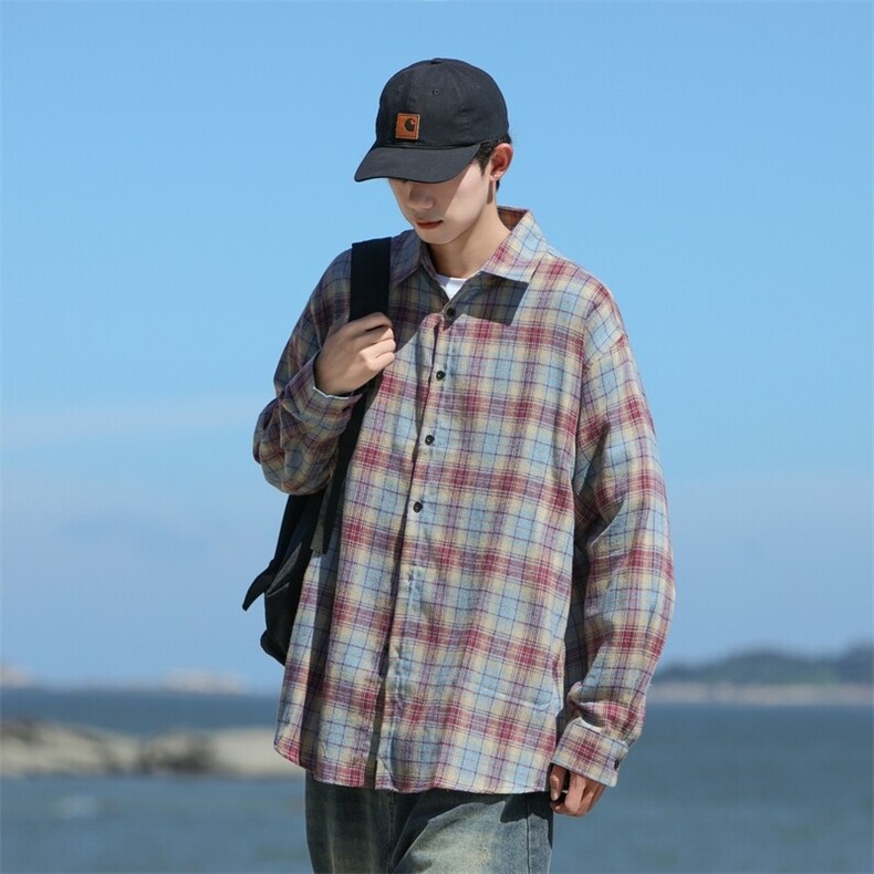 25年春季格子衬衫长袖大码宽松落肩现货DS-C323-1-2381-特批30,男装衬衫,电商C323-1