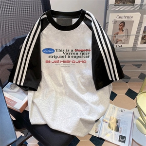 夏季美式高街重磅纯棉三条杠织带插肩撞色男女短袖T恤 CZ71-特P25图片