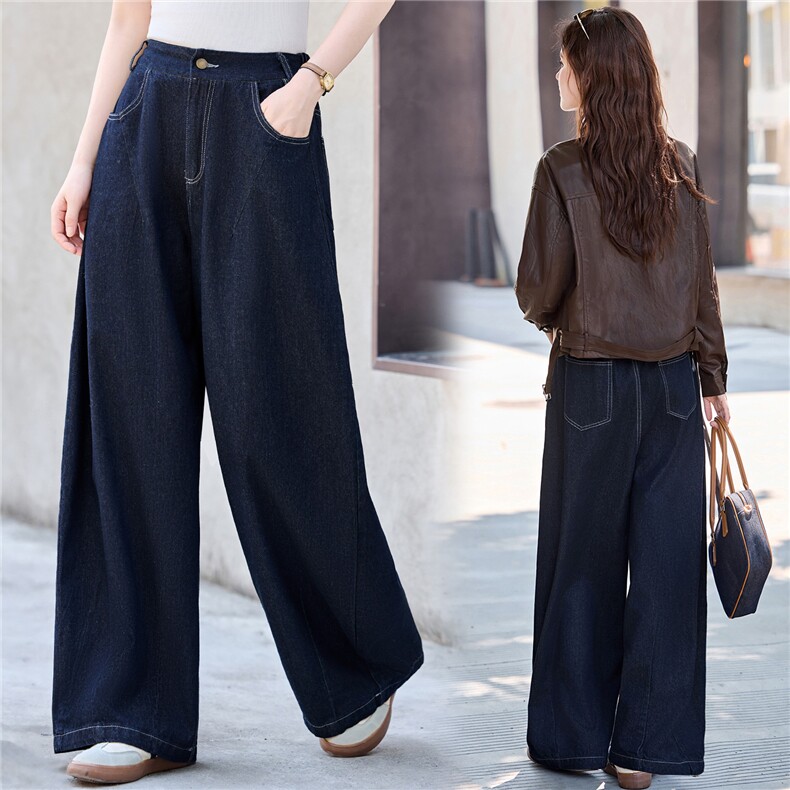 2025年秋季时尚潮流松紧腰阔腿牛仔裤，女装牛仔裤，鑫鑫美
