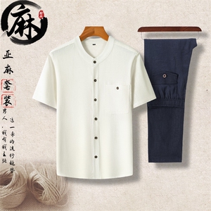 长年现货男夏季高品质风中老年亚麻短袖套装亚麻短袖衬衫图片