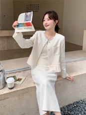 现货-2026年春季法式优雅压褶拼接两件套套裙女温柔风气质穿搭，女装套装/套裙，霓裳依族