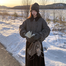 撞色翻领木耳边羊毛呢外套女冬季夹棉保暖呢子夹克女，女装棉衣/棉服，水衣源