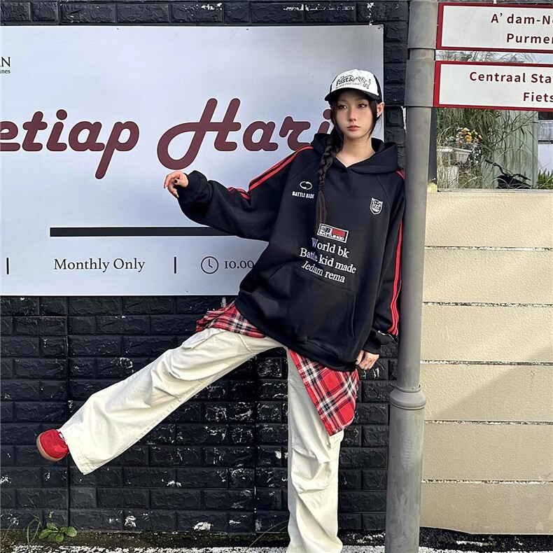 徽章织带连帽卫衣男女秋冬潮牌刺绣宽松运动情侣帽衫外套WY801,女装短外套,星座516A