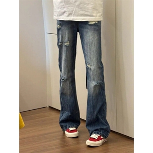蓝色闪电纹破洞牛仔裤男款夏季设计炸街裤子高街微喇裤 K102-P45图片