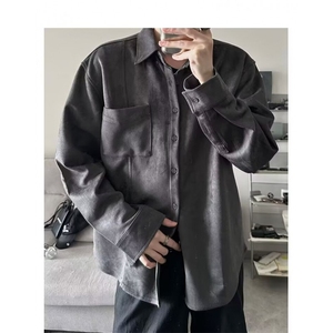 美式复古基础款麂皮绒工装长袖衬衫男垂感宽松休闲高级感衬衣外套图片