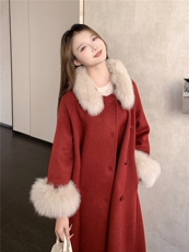现货新款2177-P450-K669双面羊绒大衣圣诞红配狐狸毛领真袖毛，女装双面呢大衣，然然