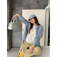 蓝色格子衬衫上衣女2025新款夏季薄款慵懒风休闲宽松，男装衬衫，星座1210-1