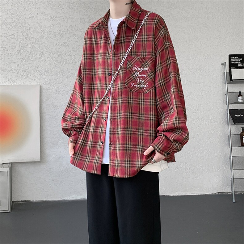 衬衫男秋季新款港风宽松大码刺绣格子衬衣CS121-P35,男装衬衫,星座214-3