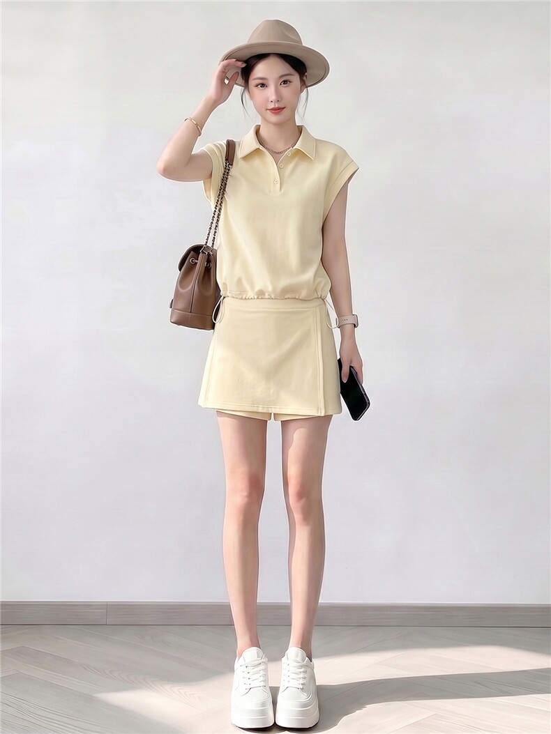 韩版时尚休闲运动套装女夏季新款显瘦气质翻领短袖上衣裤裙两件套,女装套装/套裙,江南