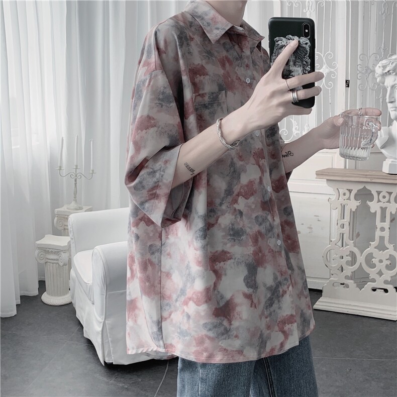 2022夏季碎花短袖扎染衬衫印花衬衣外套XZ518-2-CY77，男装衬衫，四季星座518-2