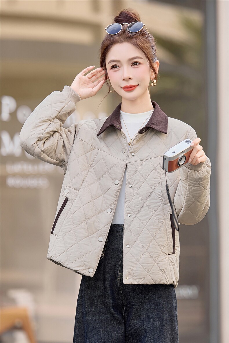 主推翻领撞色短款棉衣女2025冬新款休闲洋气保暖棉服夹棉外套,女装棉衣/棉服,余墨