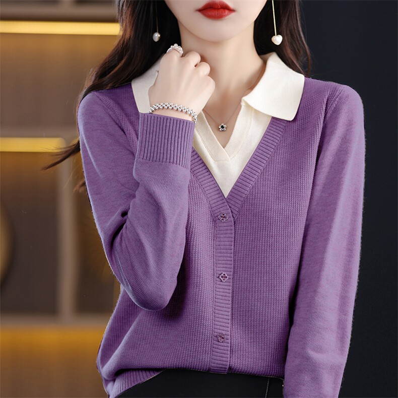 2023秋装新款上衣女时尚假两件衬衫毛衣女宽松显瘦翻领针织打底衫,针织衫/毛衣,佳绒包芯纱店