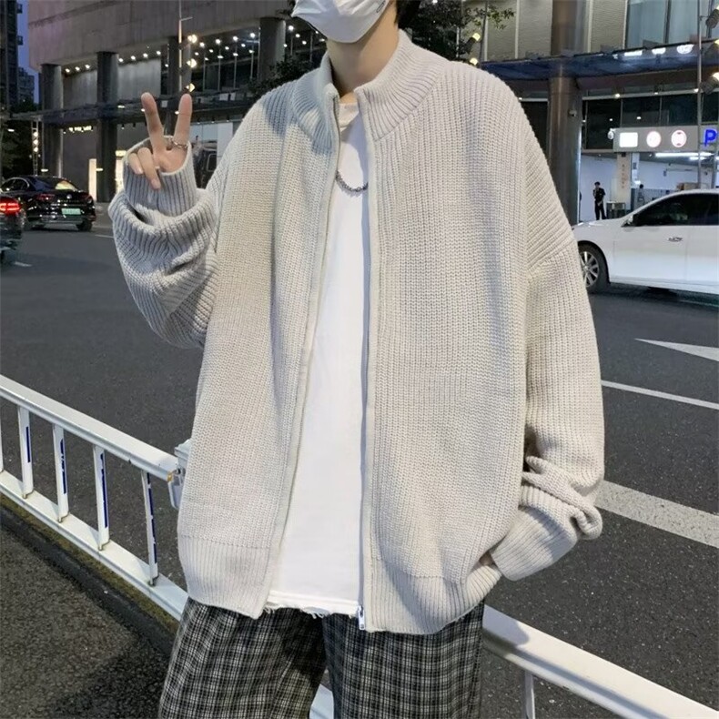 日系灰色开衫毛衣男高街宽松休闲潮流百搭半高领针织衫外套M940图片