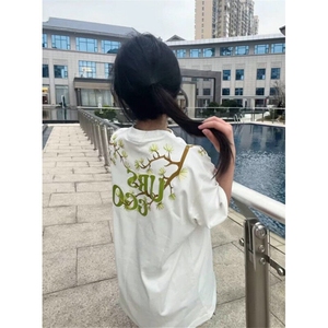 高街花卉连肩刺绣短袖t恤男女2025夏季新款宽松小众上衣潮 TAC75图片