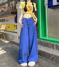 2024夏季多巴胺糖果色高腰牛仔裤女纯色宽松直筒长裤女休闲裤潮，男装休闲裤，星座716-2