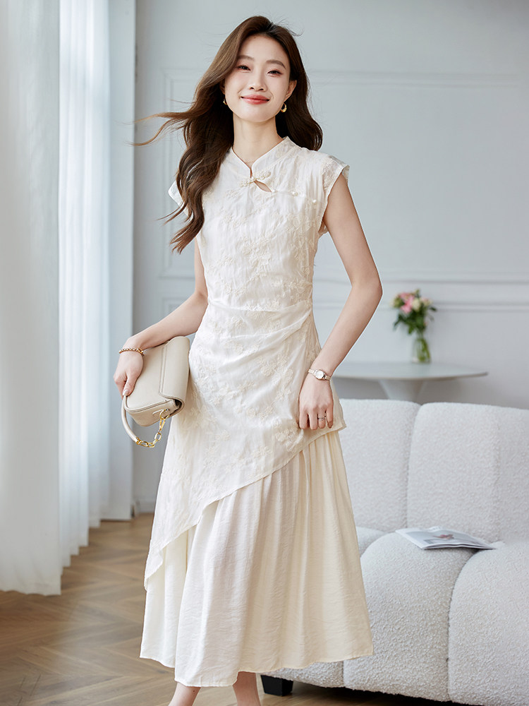 时尚优雅连衣裙女2026年夏季新款新中式盘扣裙子白色裙子,女装连衣裙,时尚风爆