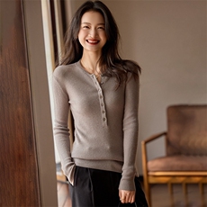 时尚气质百搭简约女士棒球领抽条套衫，女装针织衫/毛衣，江帆羊绒