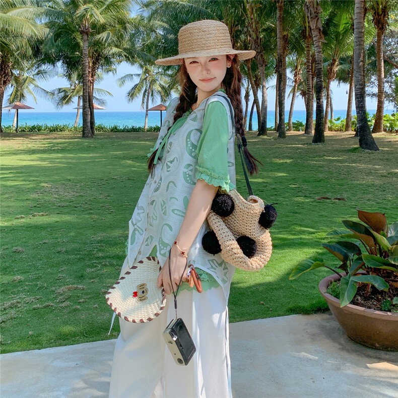 温柔风不规则蕾丝罩衫木耳边衬衣套装女夏季2025新款阔腿裤三件套,女装套装/套裙,含赞