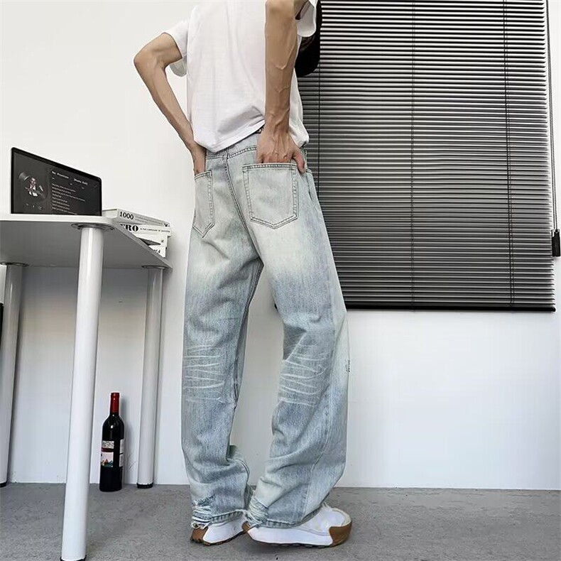 水洗浅色牛仔裤男美式潮牌宽松阔腿弯刀牛仔裤1001-1-FN728-P55,男装牛仔裤,星座1001-1
