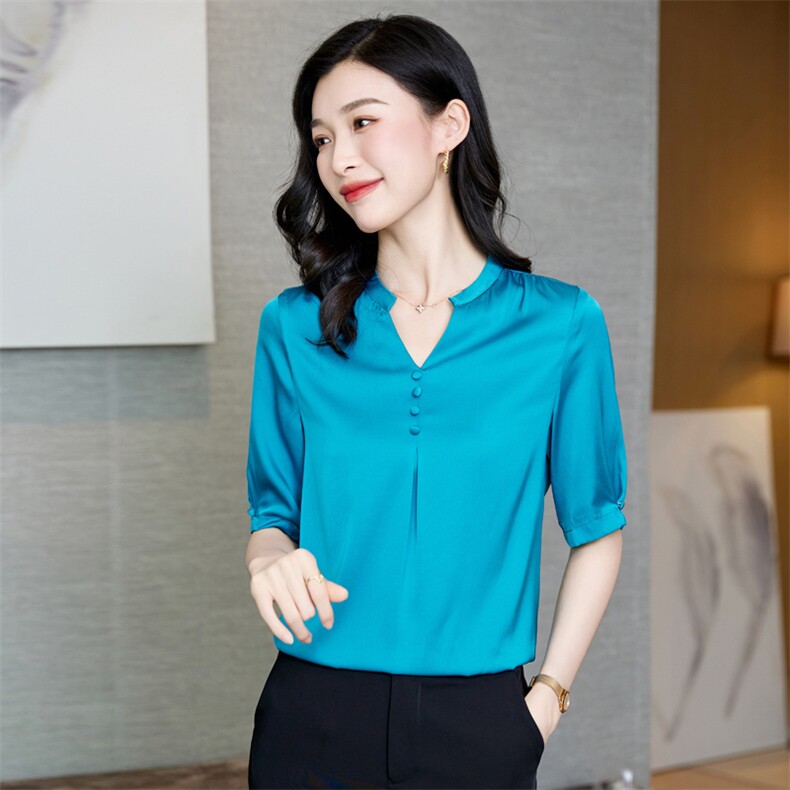 重磅真丝上衣V领气质知性百搭优雅桑蚕丝中袖衬衫大牌小衫通勤女，女装衬衫，阿舍尔精品