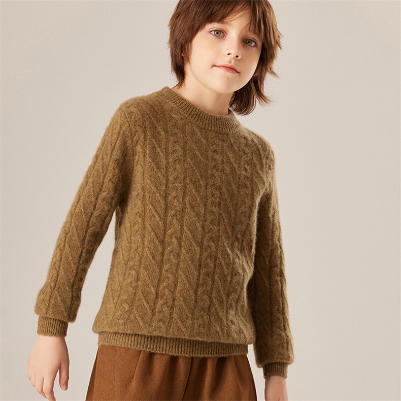 轻柔软糯baby小山羊绒圆领三股加厚男女童插肩麻花针织打底毛衣，童装儿童羊绒衫，旭泰羊绒