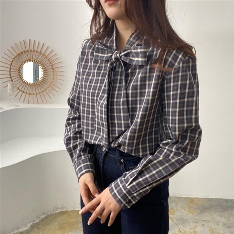 飘带格子衬衫，女装衬衫，土布鱼