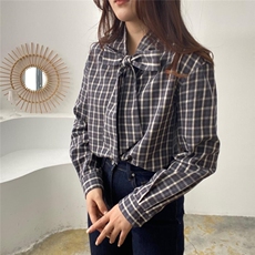 飘带格子衬衫，女装衬衫，土布鱼