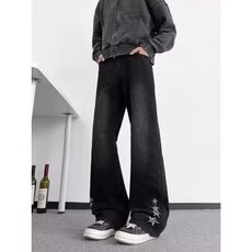 美式复古星星水洗做旧直筒牛仔裤阔腿宽松设计感垂感长裤子，男装牛仔裤，星座715-4