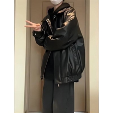 黑色PU皮衣夹克男春秋季美式cleanfit潮牌机车飞行员宽松痞帅外套，男装夹克，星座1008
