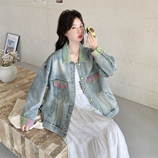 女外套短款网红捏褶短款牛仔外套翻领韩版百搭短外套春秋洋气时尚，女装短外套，2C232