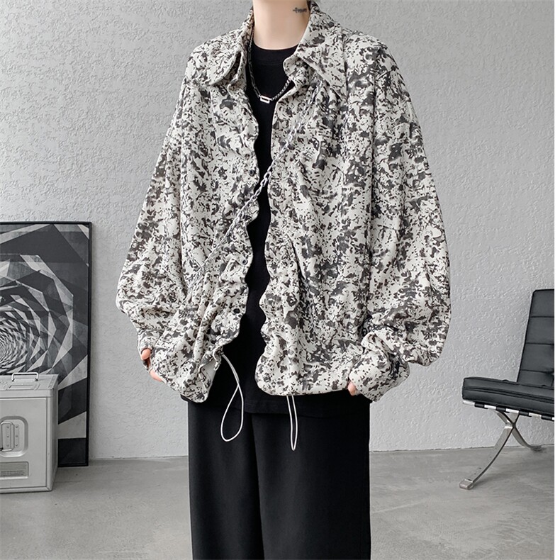 现货10057-P45控68小众扎染百搭抽绳衬衫男秋季港风宽松长袖，男装衬衫，电商A059