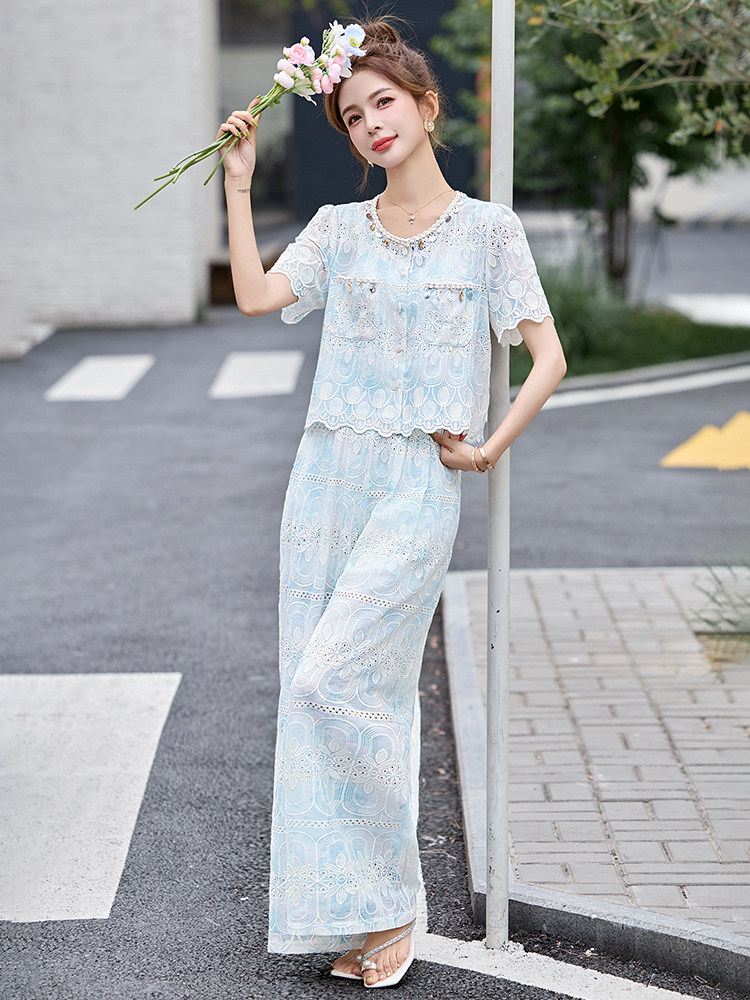 法式小香风套裤女夏季新款韩系提花刺绣短袖上衣阔腿裤两件套,女装套装/套裙,伊仟回
