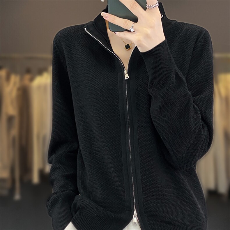 双拉链长袖连帽针织开衫女短外套羊毛毛衣宽松休闲纯色洋气外毛衫，女装针织衫/毛衣，雪真羊绒
