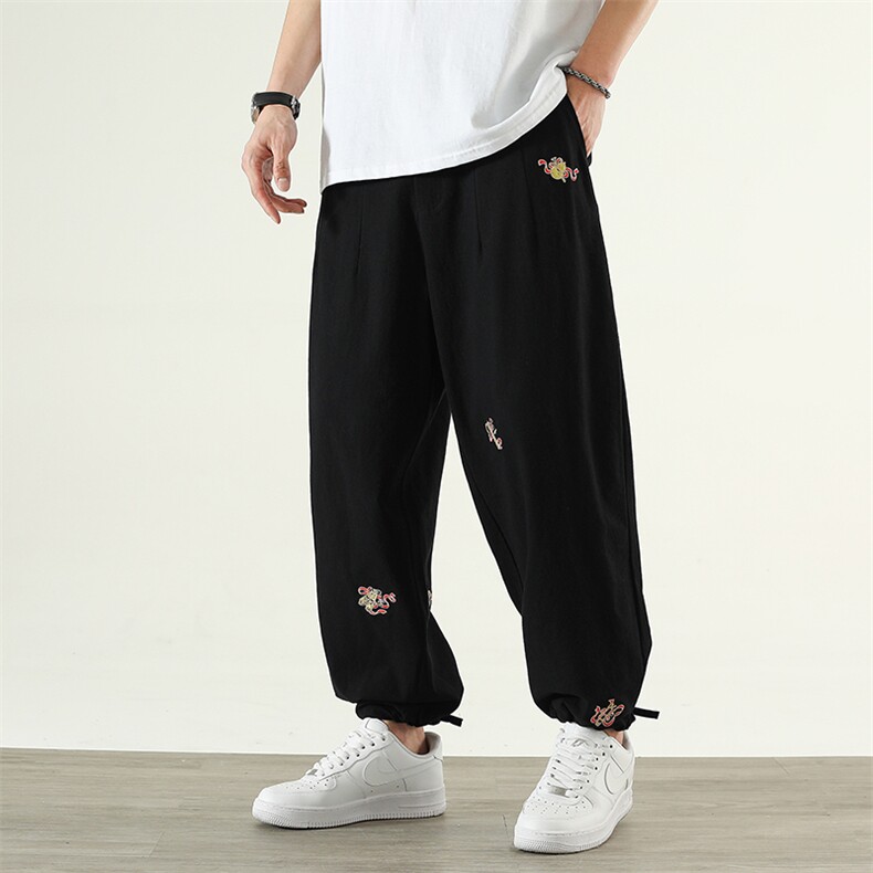 大码日系宽松风刺绣棉麻束脚休闲哈伦萝卜裤K102-P65,男装休闲裤,星座1105-3
