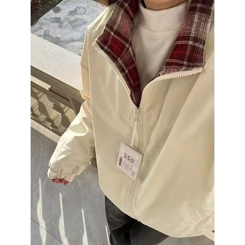 XDFM美式格子装饰基础款开衫拉链卫衣外套加绒秋冬复古连帽上衣,女装短外套,四季星座505