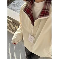 XDFM美式格子装饰基础款开衫拉链卫衣外套加绒秋冬复古连帽上衣，女装短外套，四季星座505