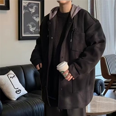 黑色中长款过膝毛呢大衣男冬季韩系高级感宽松假两件大码风衣外套，男装风衣，星座506A