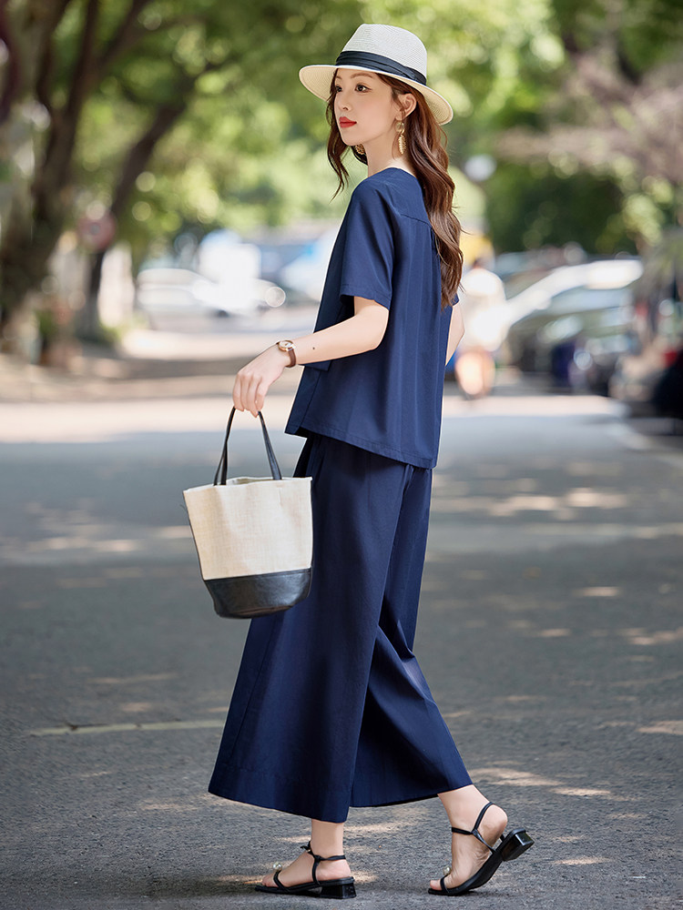 高级感时尚休闲套装女2025夏季新款宽松显瘦短袖上衣阔腿裤两件套,女装套装/套裙,水衣源