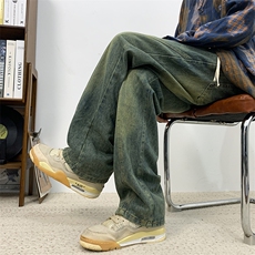 牛仔裤男款美式潮牌复古水洗做旧休闲裤宽松垂感直筒裤70366-p45，男装牛仔裤，星座1008