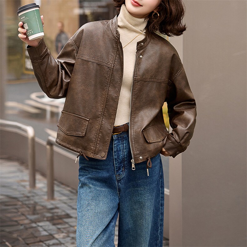 皮衣女款2024冬季加绒酷飒风洋气针织帽减龄穿搭时尚流行短款上衣，女装皮衣，美拉德工厂直营店