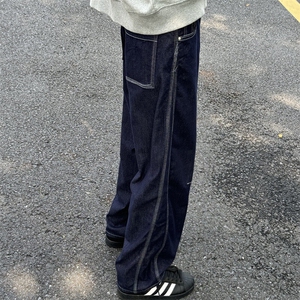 611-3 BK36 特批P46 复古阔腿香蕉裤深蓝色弯刀男1女牛仔裤图片